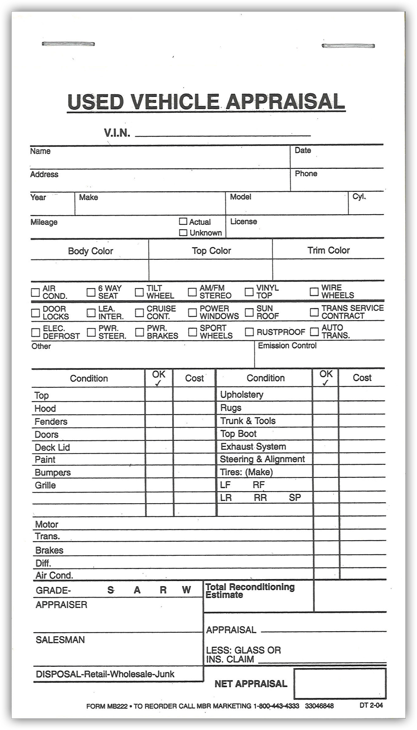 Used Vehicle Appraisal Book - Auto Dealer Supplies - MBR Marketing